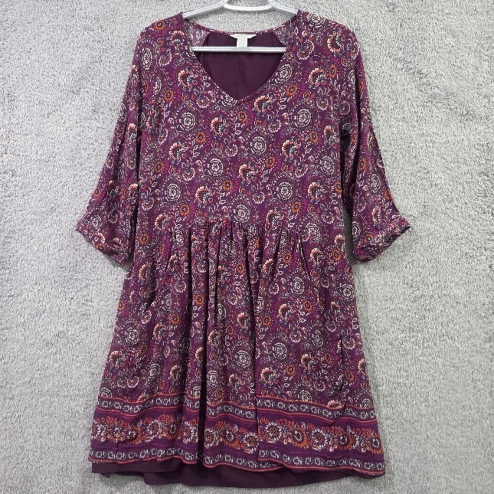 Garnet Hill Dress Women's 8 Purple Floral Paisley Medallion V-Neck Lined Pockets